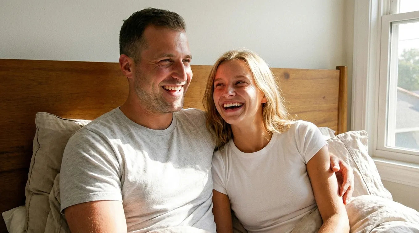 Happy couple laughing together in the morning