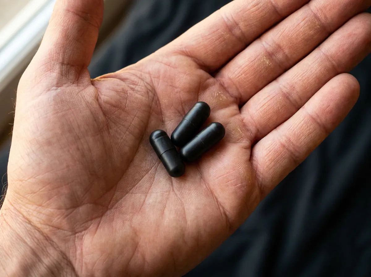 Hand holding three capsules over a glass of water